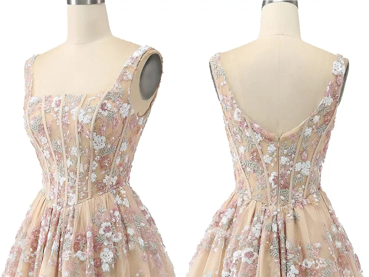 Champagne Floral Prom Gowns with Wide Straps for a Stunning Look