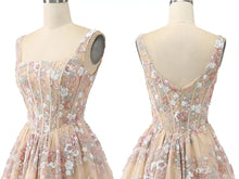 Load image into Gallery viewer, Champagne Floral Embellished Prom Gowns with Wide Straps