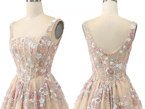 Champagne Floral Embellished Prom Gowns with Wide Straps