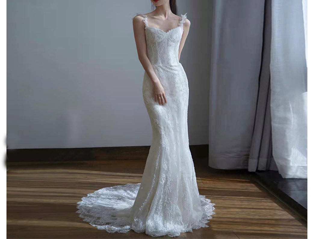 French Style Sheath Lace Fishtail Bridal Wear Wedding Dresses with Straps