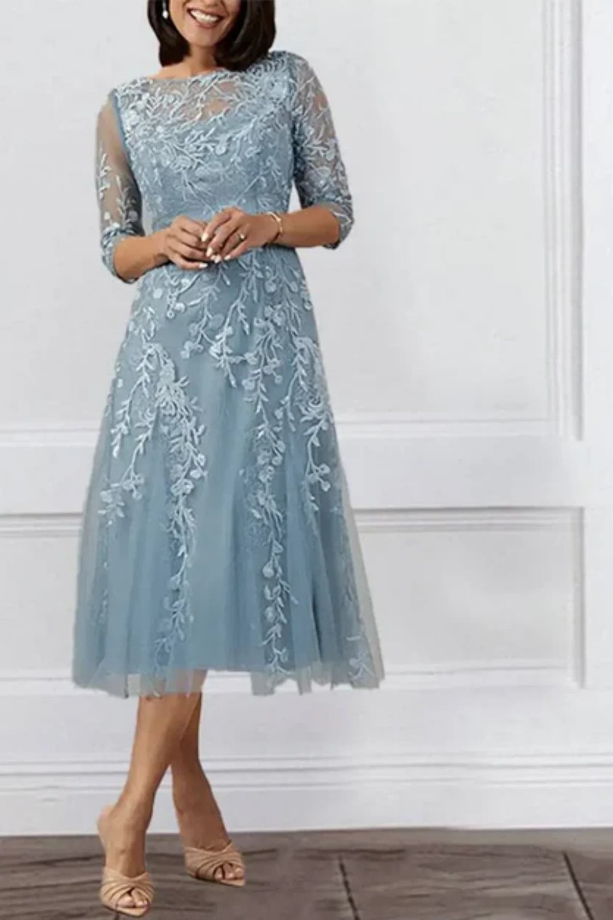 Mist Blue Floral Mother of the Bride Dress with Lace Sleeves - Mid Length Elegance