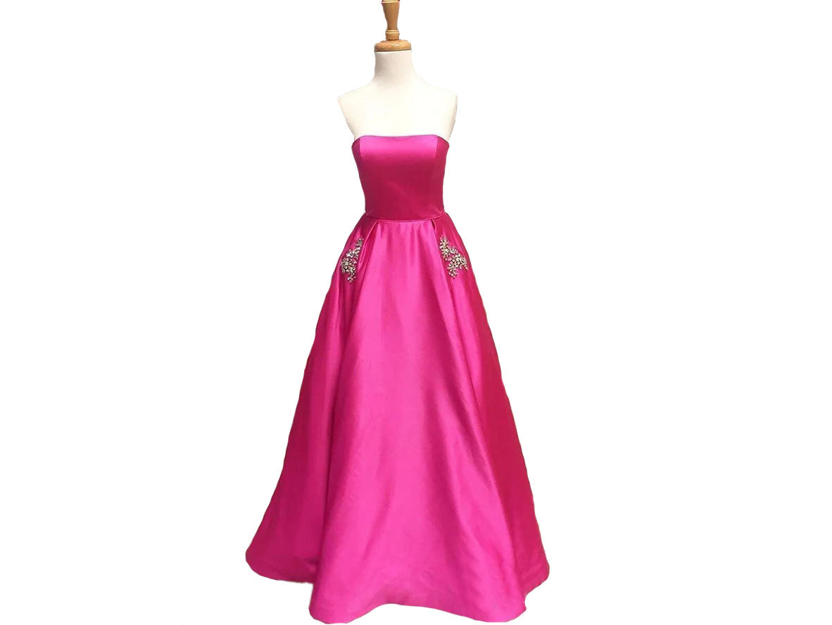 Fuscia Pink Strapless Satin Prom Dresses with Pockets Fuscia Pink Strapless Satin Prom Dresses with Pockets