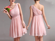 Load image into Gallery viewer, Grecian Short Braided Empire Pink One Shoulder Bridesmaid Dresses