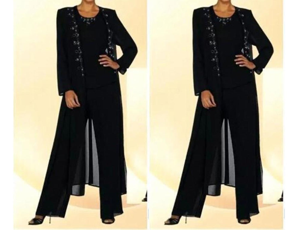 Beaded Navy Chiffon 3PCS Mother of The Bride Pant Suits With Long Coat Formal MOG Dresses - promboutiqueonline