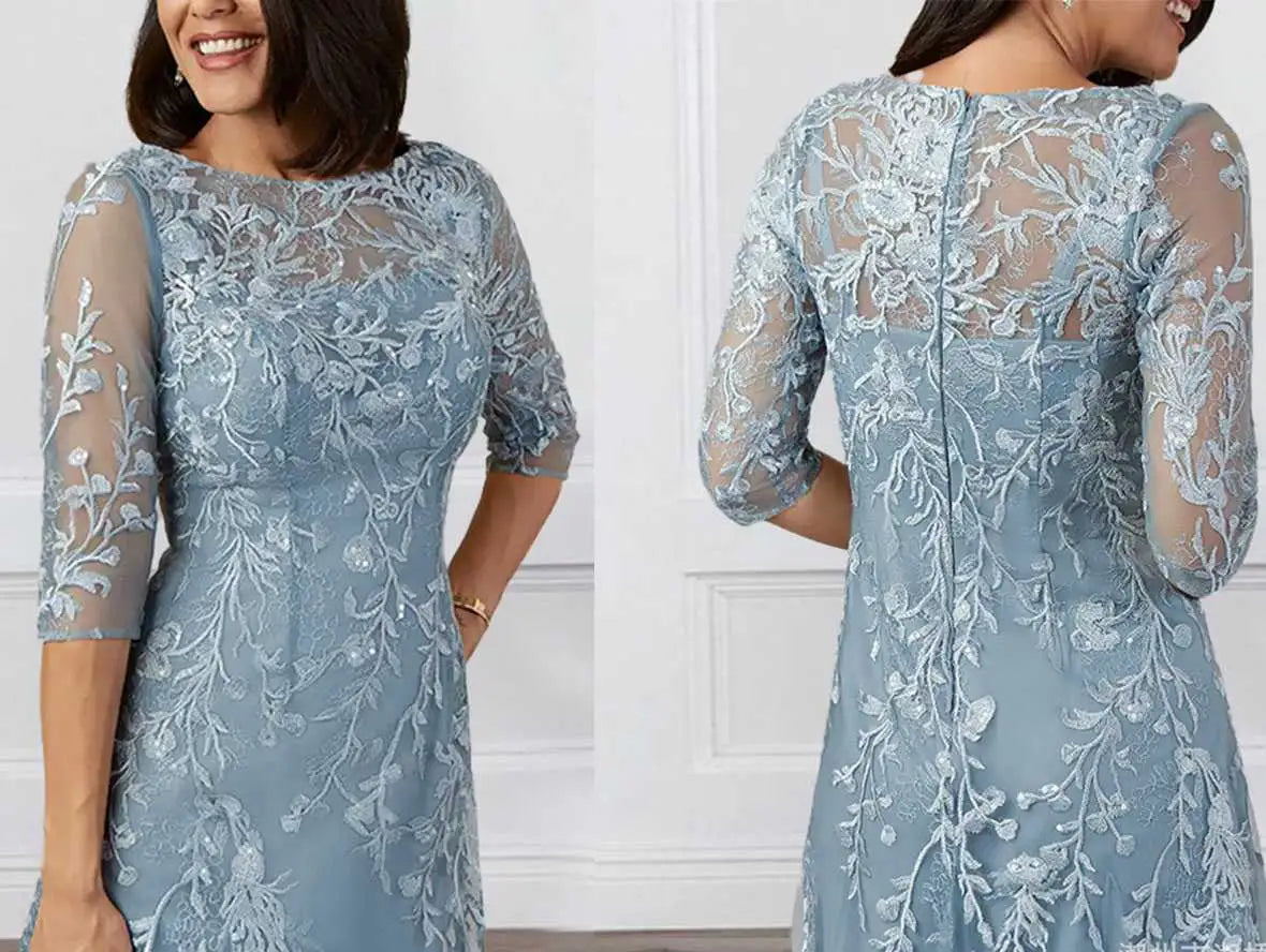 Mist Blue Floral Mother of the Bride Dress with Lace Sleeves - Mid Length Elegance