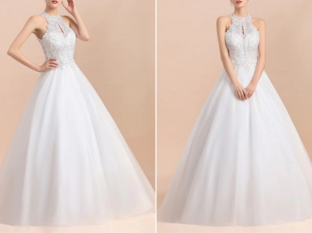 Custom Wedding Gown with Sequined Lace Halter Keyhole Design