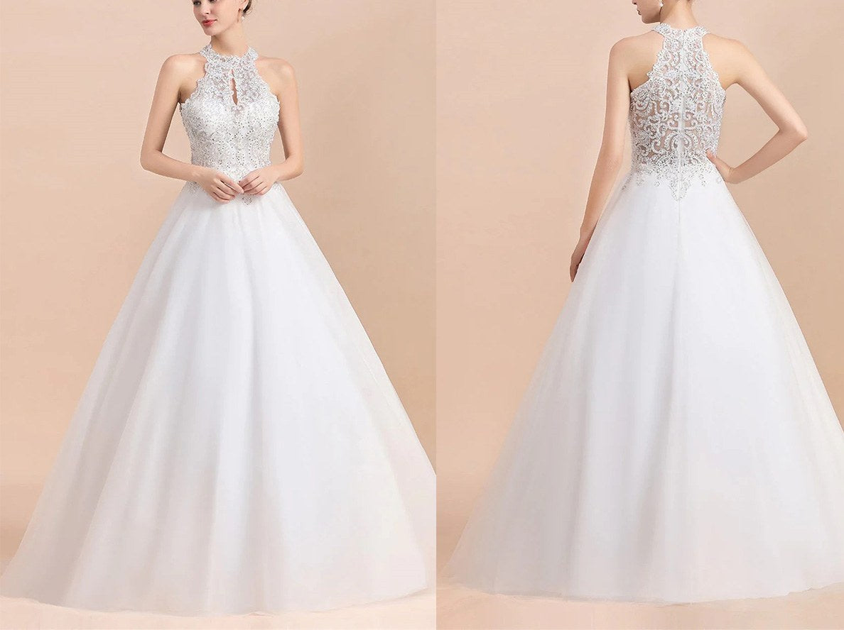 Custom Wedding Gown with Sequined Lace Halter Keyhole Design