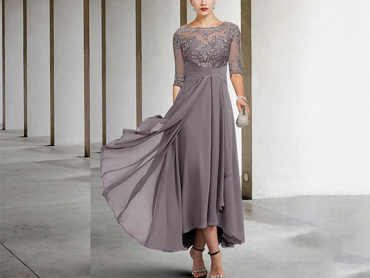High Low Chiffon MOB Dress with Half Sleeves for Elegant Occasions
