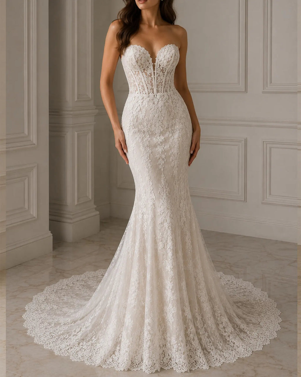 ivory lace mermaid wedding dress with sheer corset bodice