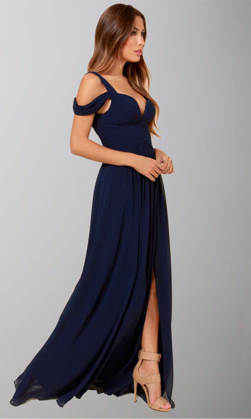 Dark Navy Flowy Chiffon Maxi Bridesmaid Dresses with Cold Shoulder - promboutiqueonline