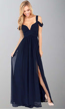Load image into Gallery viewer, Dark Navy Flowy Chiffon Maxi Bridesmaid Dresses with Cold Shoulder