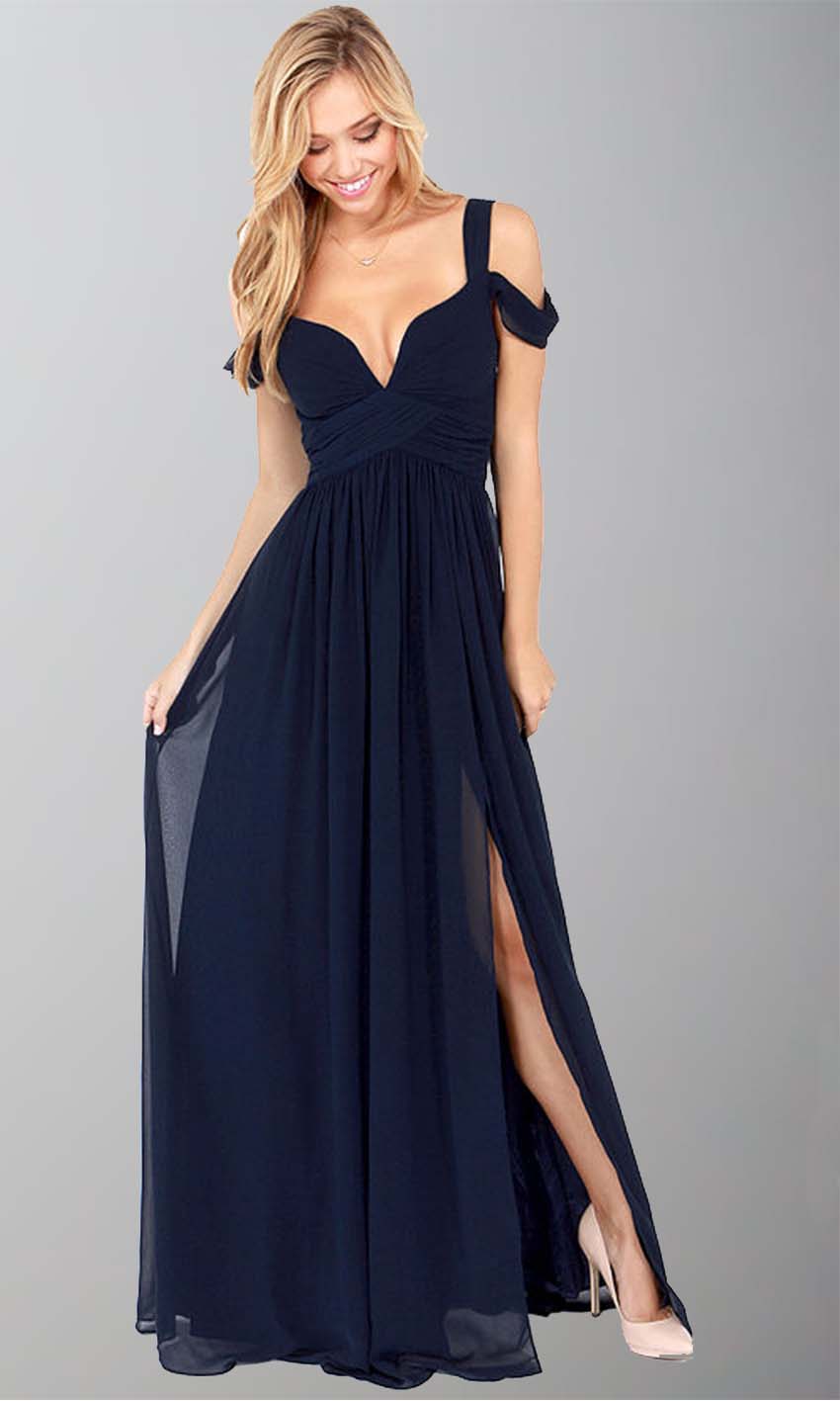 Dark Navy Flowy Chiffon Maxi Bridesmaid Dress | Cold Shoulder Style promboutiqueonline Dark Navy Flowy Chiffon Maxi Bridesmaid Dress | Cold Shoulder Style promboutiqueonline