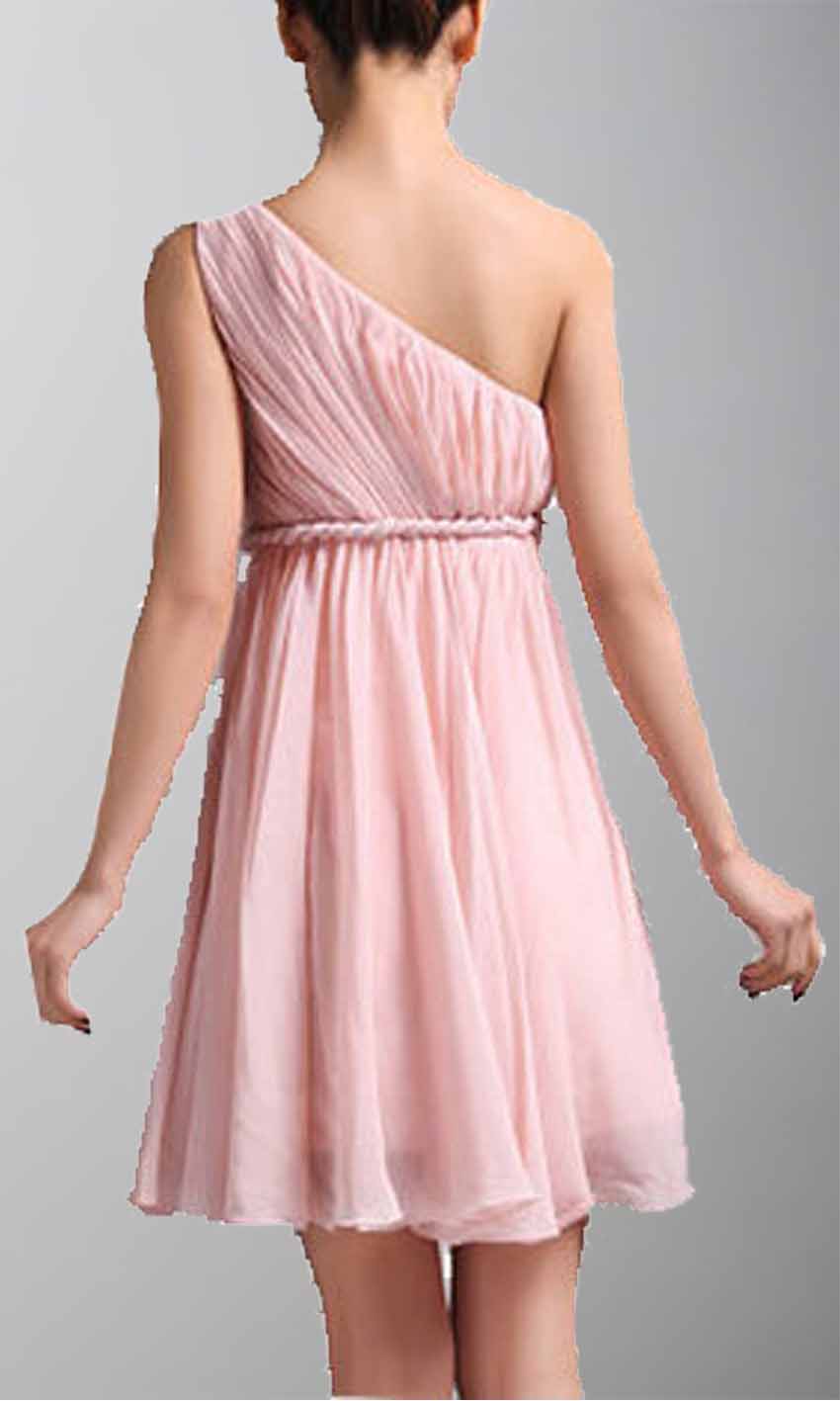 Grecian One Shoulder Bridesmaid Dress in Pink with Short Braided Empire Design