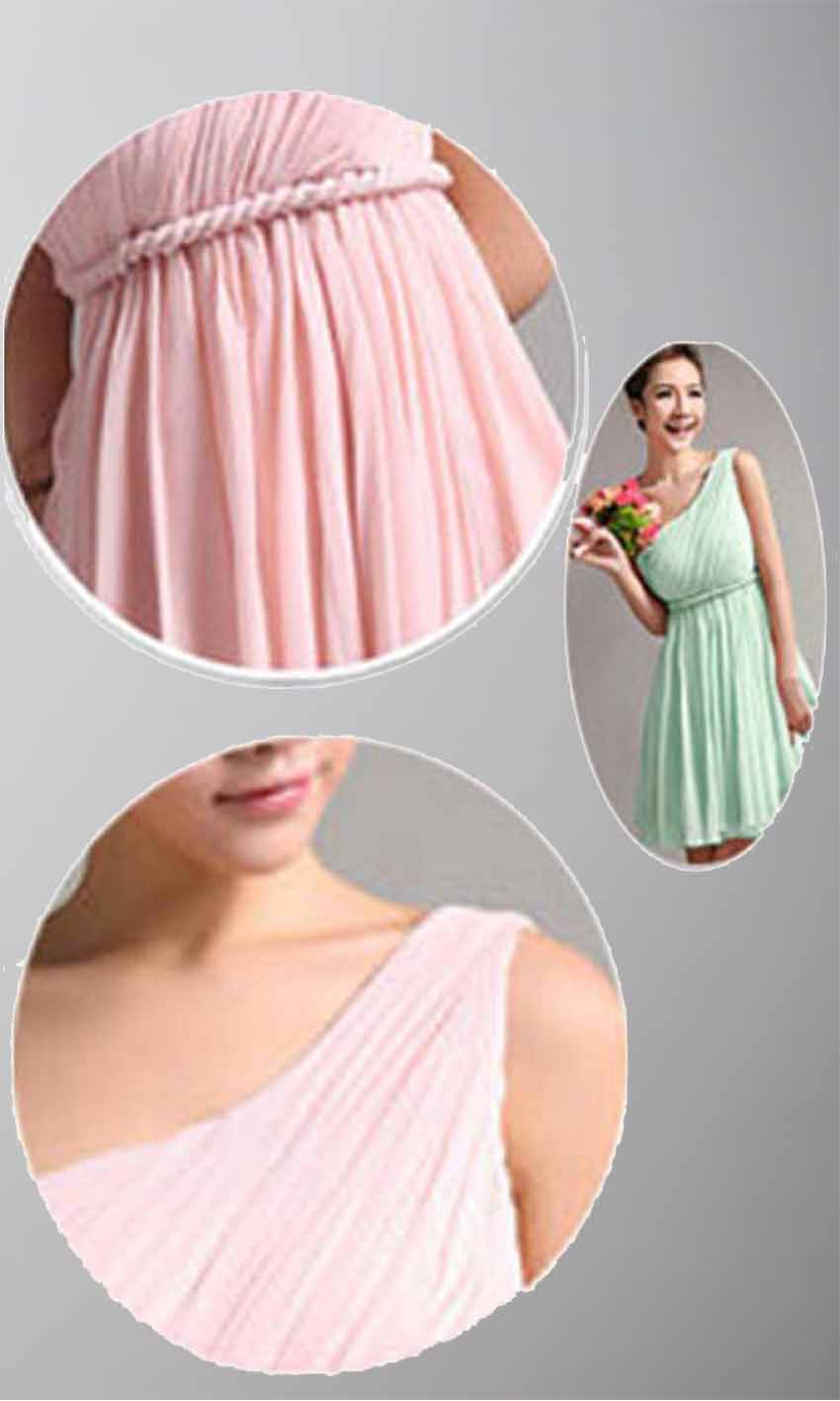 Grecian Short Braided Empire Pink One Shoulder Bridesmaid Dresses - promboutiqueonline