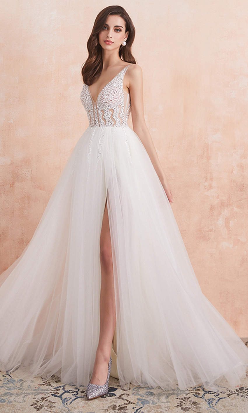 Sequin Embellished Plunging V-neck Semi-Formal Wedding Dresses with Thigh Slit - promboutiqueonline