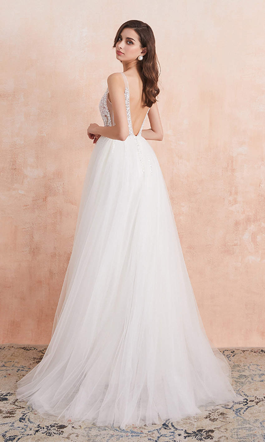 Sequin Embellished Plunging V-neck Semi-Formal Wedding Dresses with Thigh Slit - promboutiqueonline