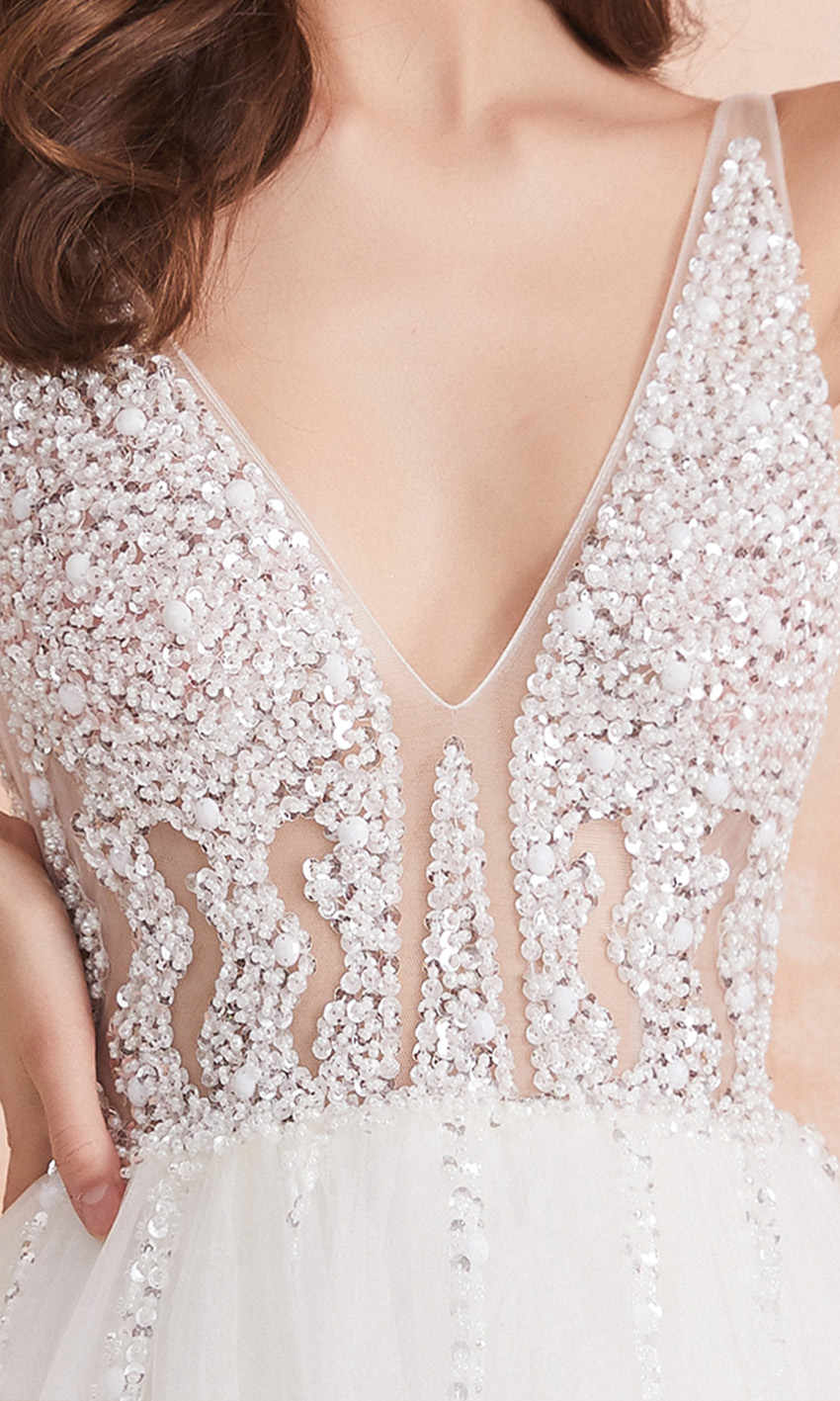 Sequin Embellished Plunging V-neck Semi-Formal Wedding Dresses with Thigh Slit - promboutiqueonline