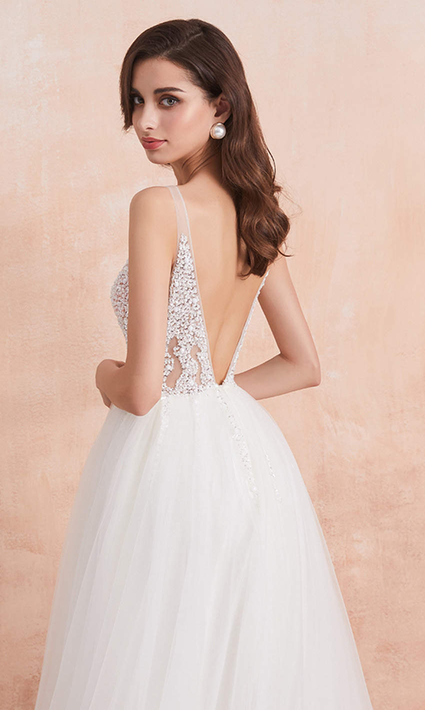 Sequin Embellished Plunging V-neck Semi-Formal Wedding Dresses with Thigh Slit - promboutiqueonline
