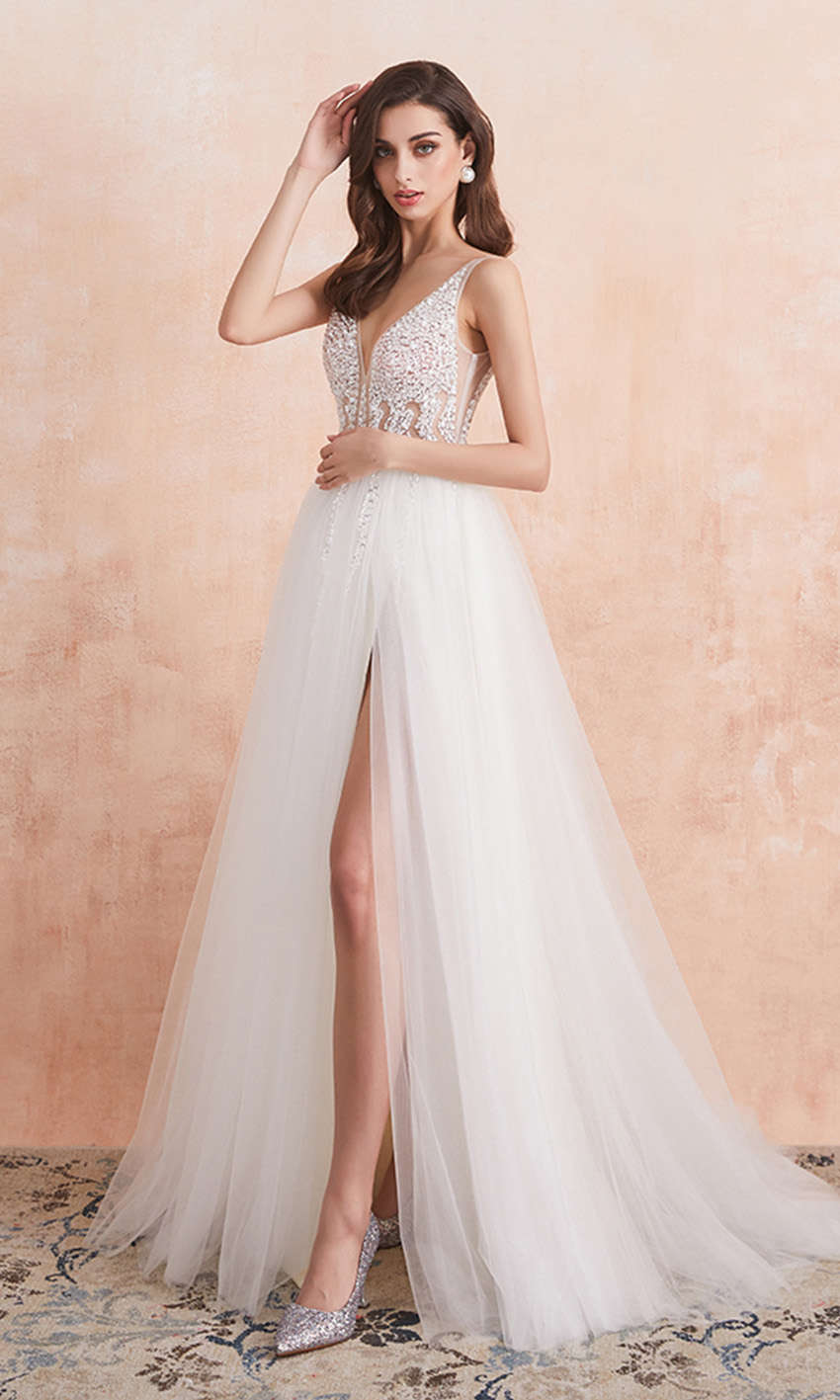 Sequin Embellished Plunging V-neck Semi-Formal Wedding Dresses with Thigh Slit - promboutiqueonline