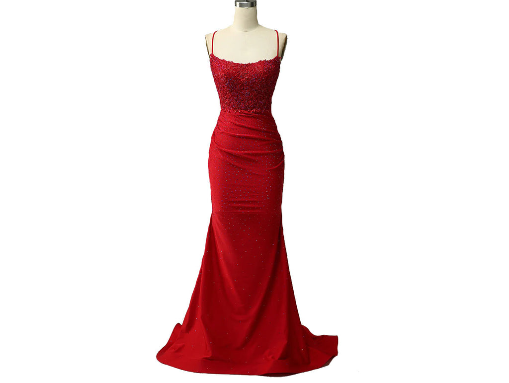 Long Red Ruched Mermaid Prom Dresses Open Back P646 - promboutiqueonline