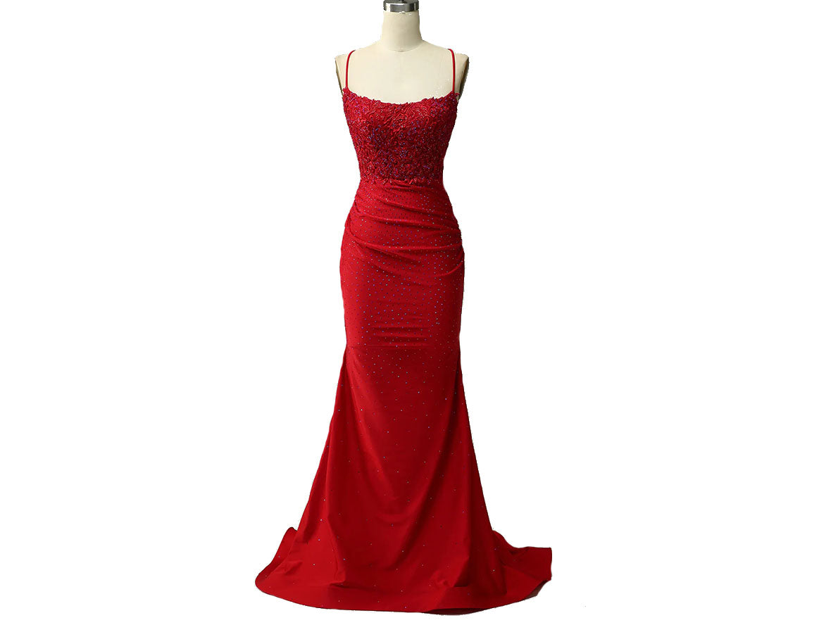 Long Red Ruched Mermaid Prom Dresses Open Back P646 - promboutiqueonline