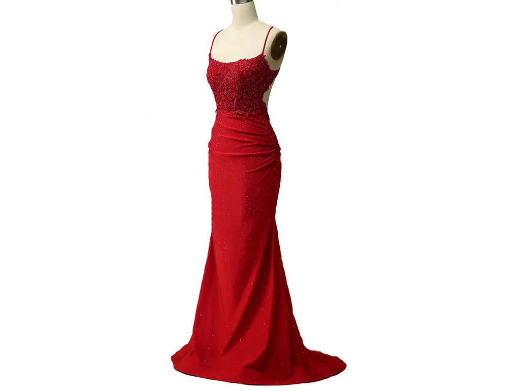 Long Red Ruched Mermaid Prom Dresses Open Back P646 - promboutiqueonline