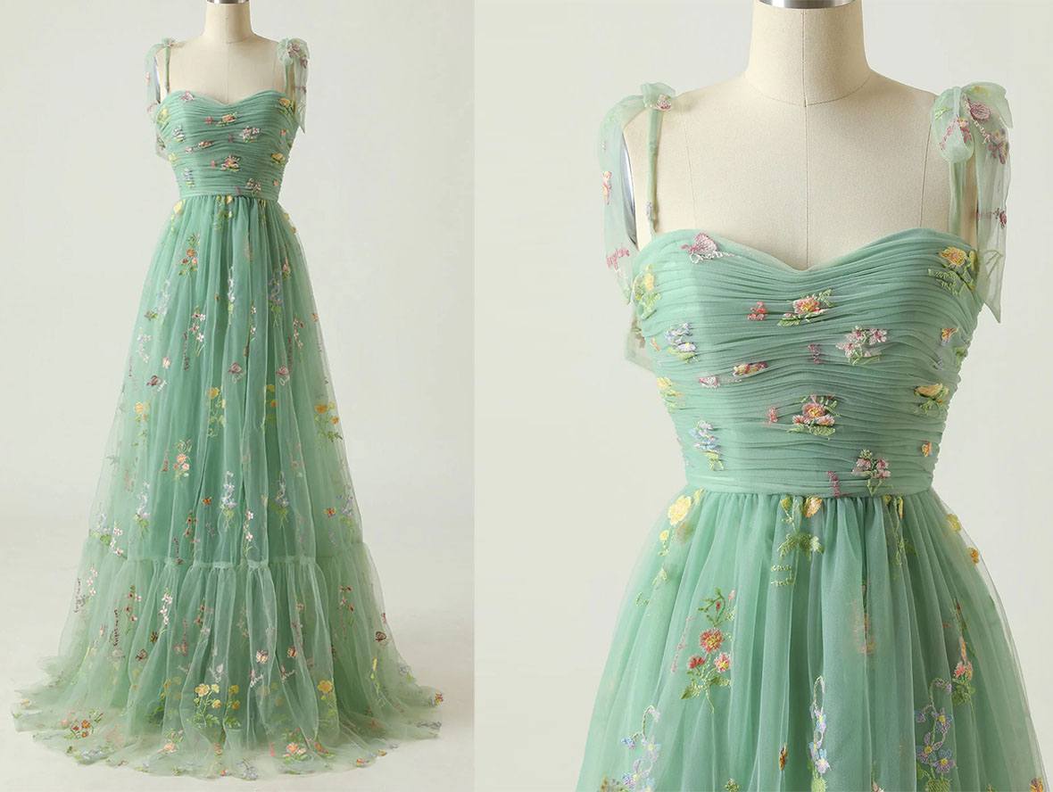 Dusty Blue Prom Dress with Embroidery and Long Ruched Design