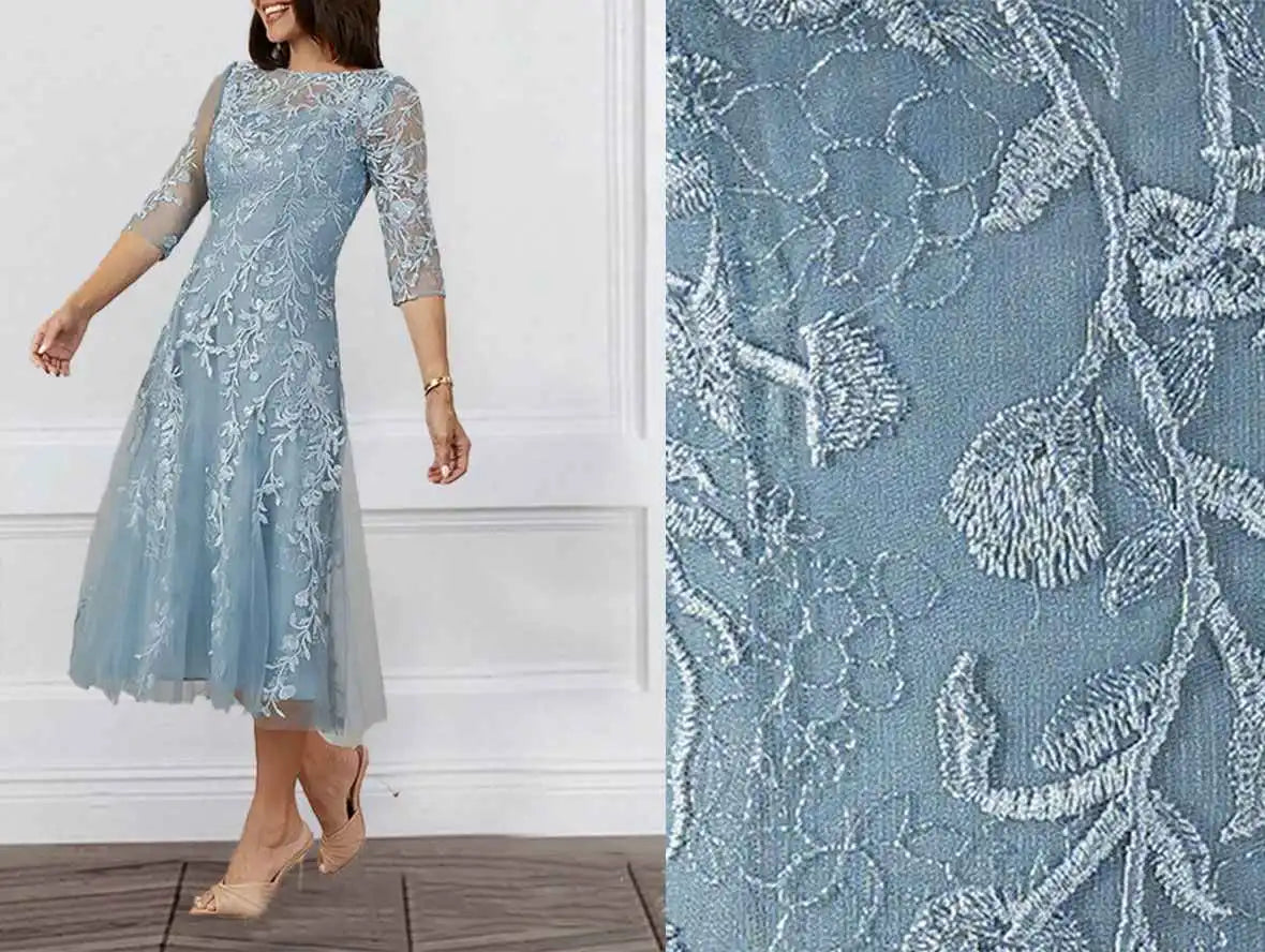 Mist Blue Floral Mother of the Bride Dress with Lace Sleeves - Mid Length Elegance