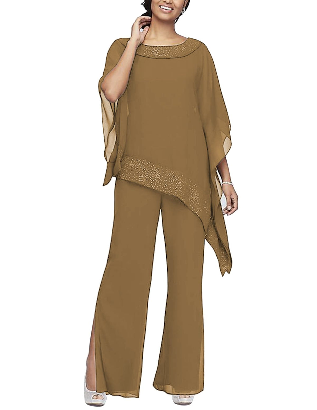 Asymmetry Chiffon Mother of the Bride Pantsuit - Elegant 3-Piece Trouser Suit