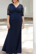 Navy blue mother of the bride dress with v-neck;line, ruched chiffon waist, and floor-length skirt, elegant formal wedding guest dress