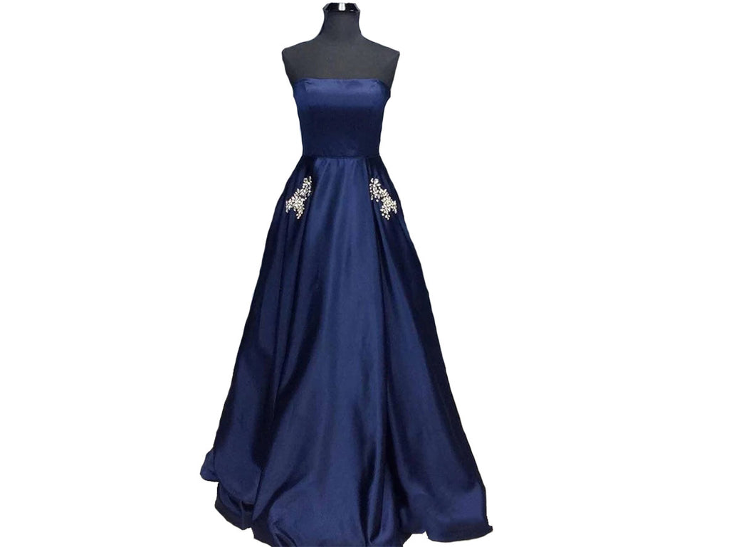 Navy Blue Strapless Satin Prom Dresses with Pockets P640 - promboutiqueonline