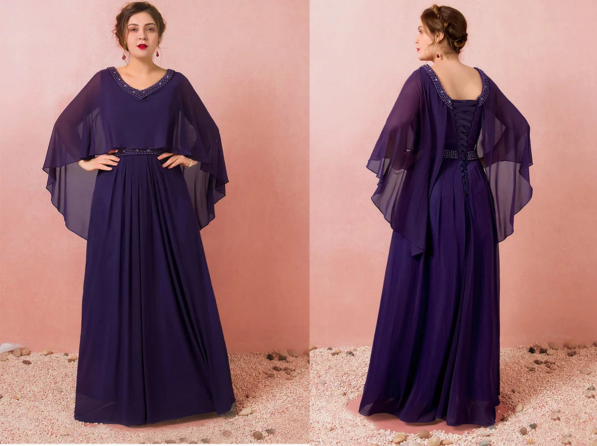 Purple Chiffon Mother of the Bride Dresses with Cape Sleeves in Purple Blue Plus Size