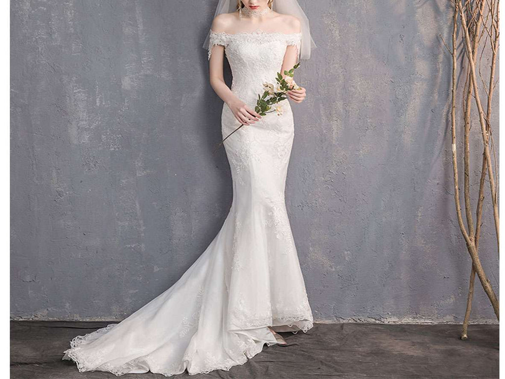 Off Shoulder Straight Neck Trumpet Wedding Dresses with Train - promboutiqueonline