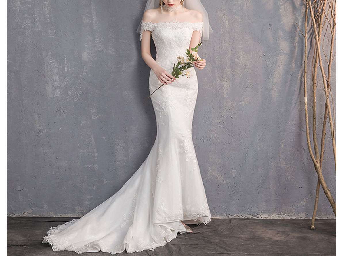 Off Shoulder Straight Neck Trumpet Wedding Dresses with Train - promboutiqueonline