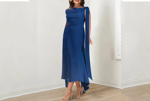 Asymmetric Ruched Navy Blue Mother of The Bride Dress Jewel Neck