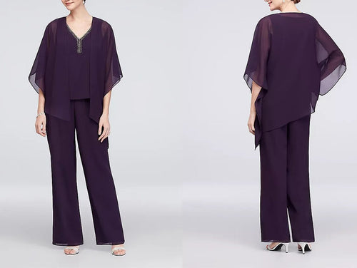 Aubergine Purple 3PCS Asymmetric Mother of The Bride Pant Suits