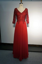 Load image into Gallery viewer, Aline Sequined Applique Long Formal Red Mother of Bride Dress with Sleeves