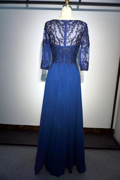 Aline Sequined Applique Long Formal Blue Mother of the Bride Dress with Sleeves
