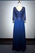 Aline Sequined Applique Long Formal Blue Mother of the Bride Dress with Sleeves