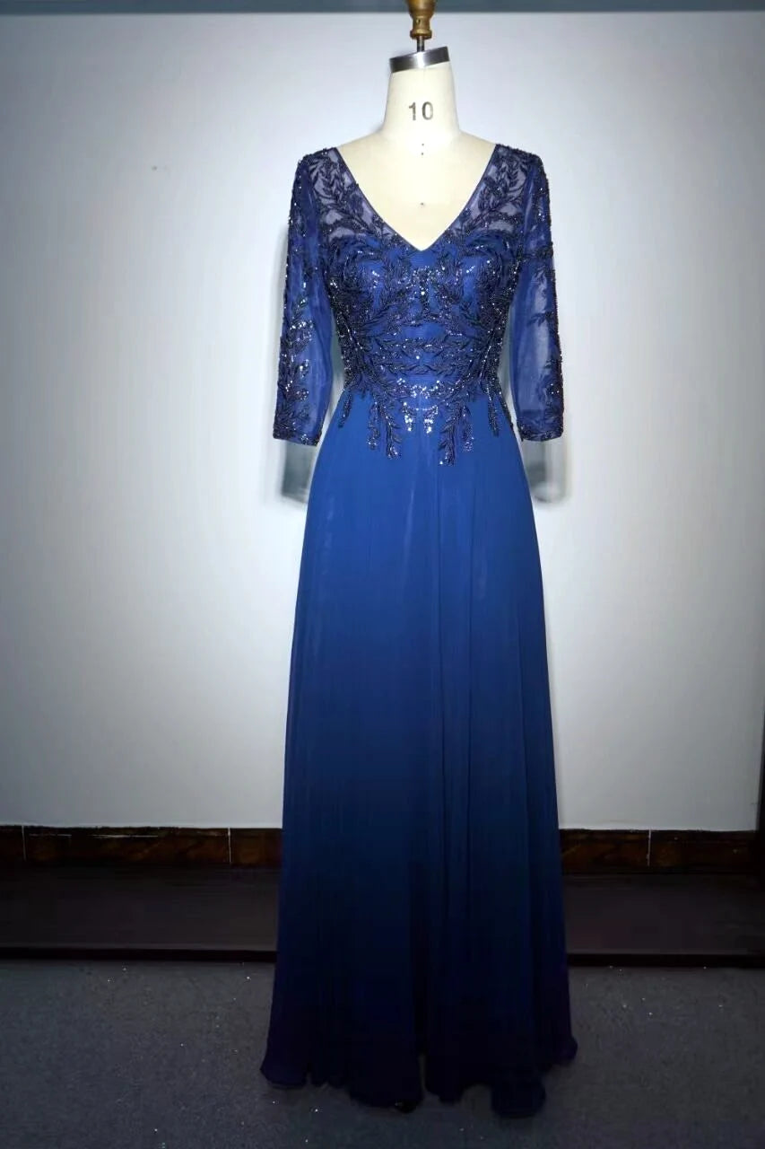 Aline Sequined Applique Long Formal Blue Mother of the Bride Dress with Sleeves
