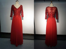 Load image into Gallery viewer, Aline Sequined Applique Long Formal Red Mother of Bride Dress with Sleeves