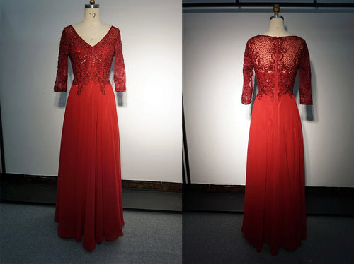 Aline Sequined Applique Long Formal Red Mother of Bride Dress with Sleeves