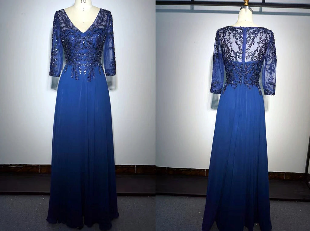 Aline Sequined Applique Long Formal Blue Mother of the Bride Dress with Sleeves