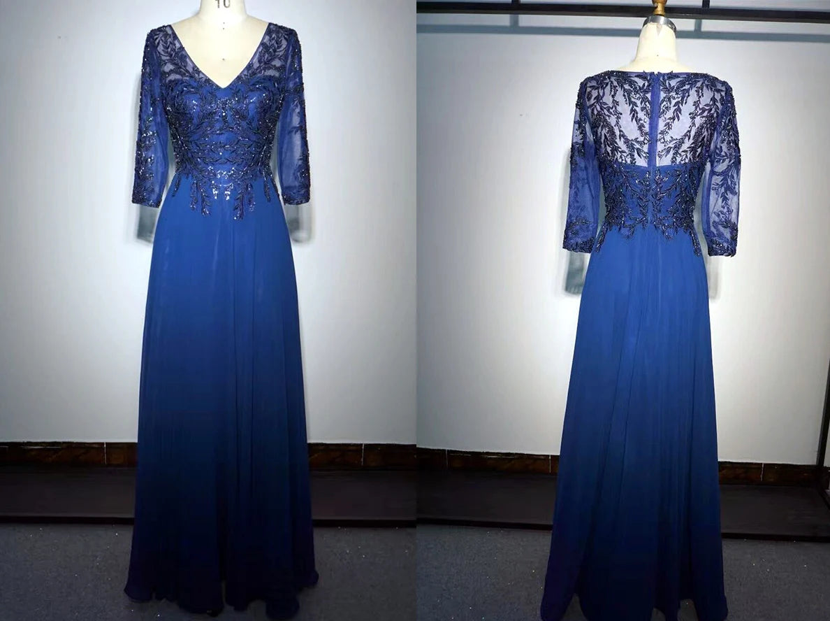 Aline Sequined Applique Long Formal Blue Mother of the Bride Dress with Sleeves