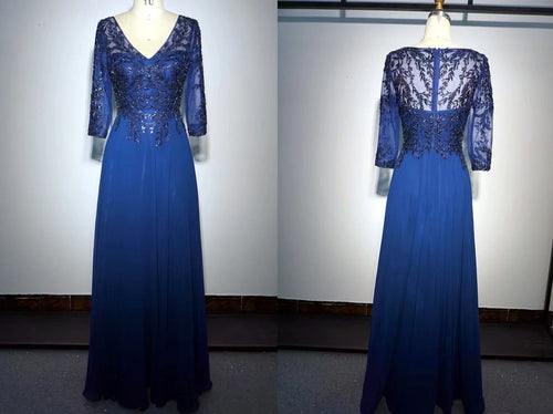 Aline Sequined Applique Long Formal Blue Mother of Bride Dress with Sleeves