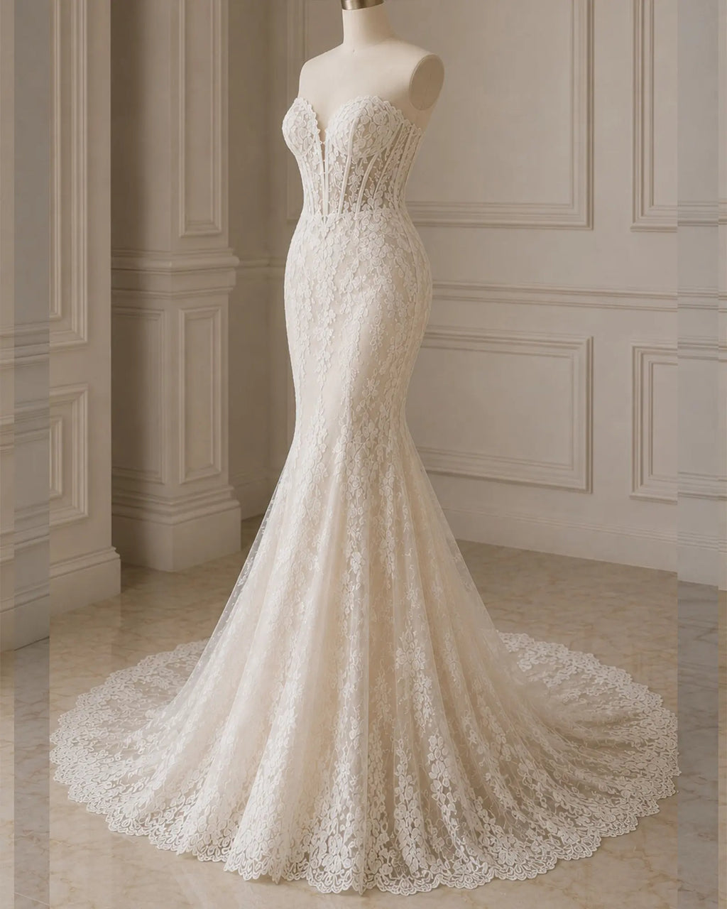 fitted lace wedding dress front and back view