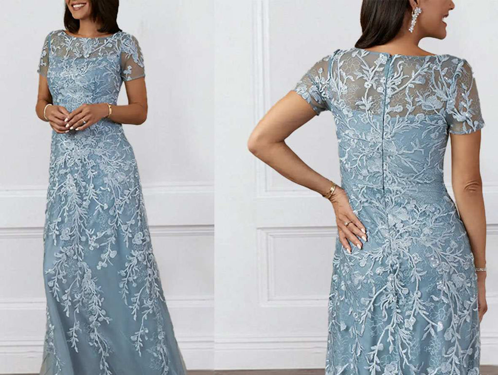 Boat Neck Floral Lace Floor Length Mother of the Bride Dress with Short Sleeves