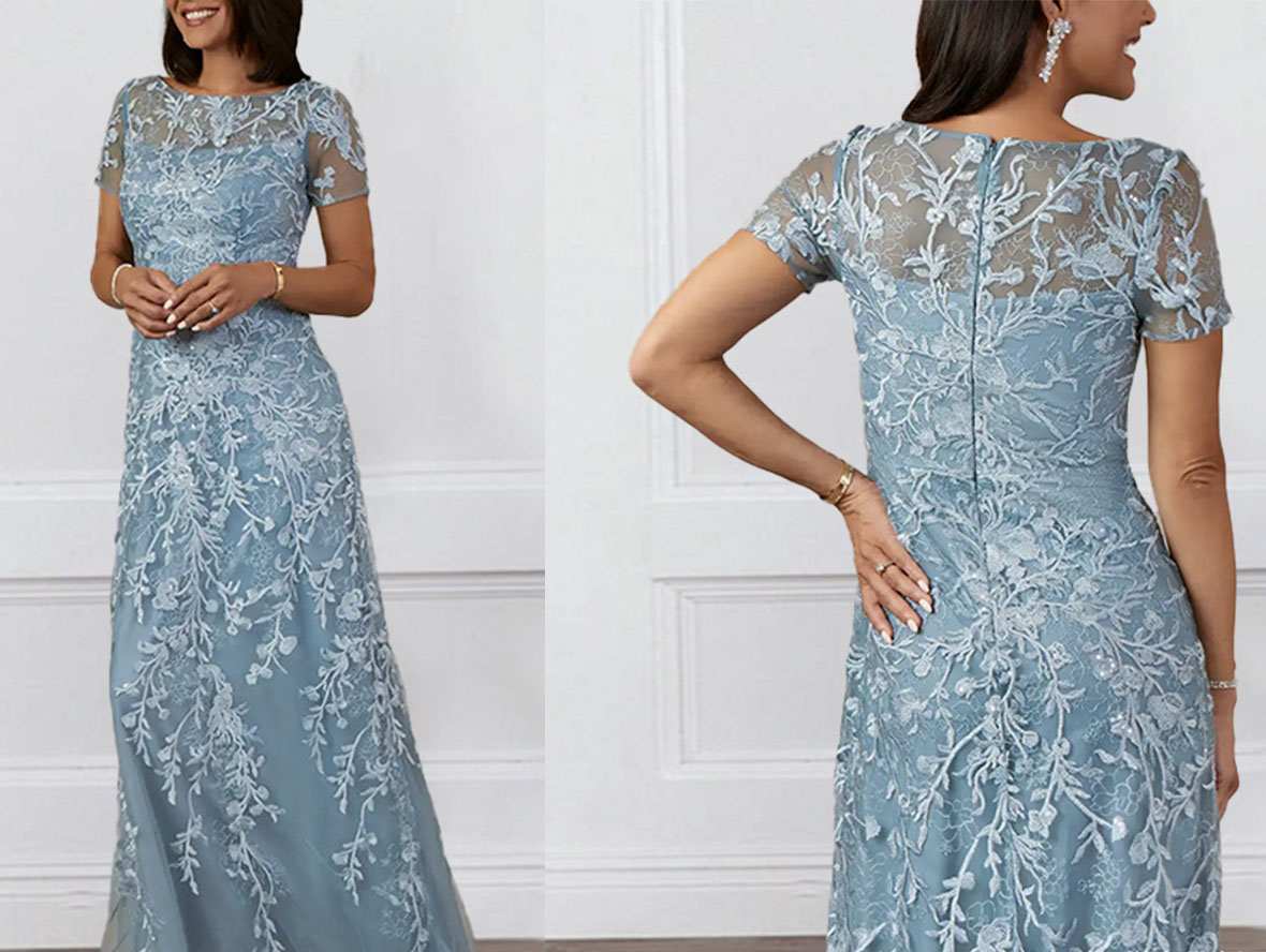 Boat Neck Floral Lace Floor Length Mother of the Bride Dress with Short Sleeves