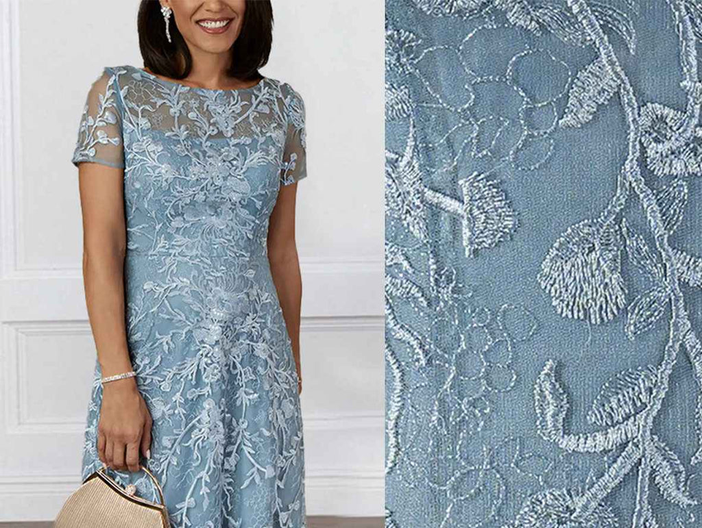 Boat Neck Floral Lace Floor Length Mother of the Bride Dress with Short Sleeves
