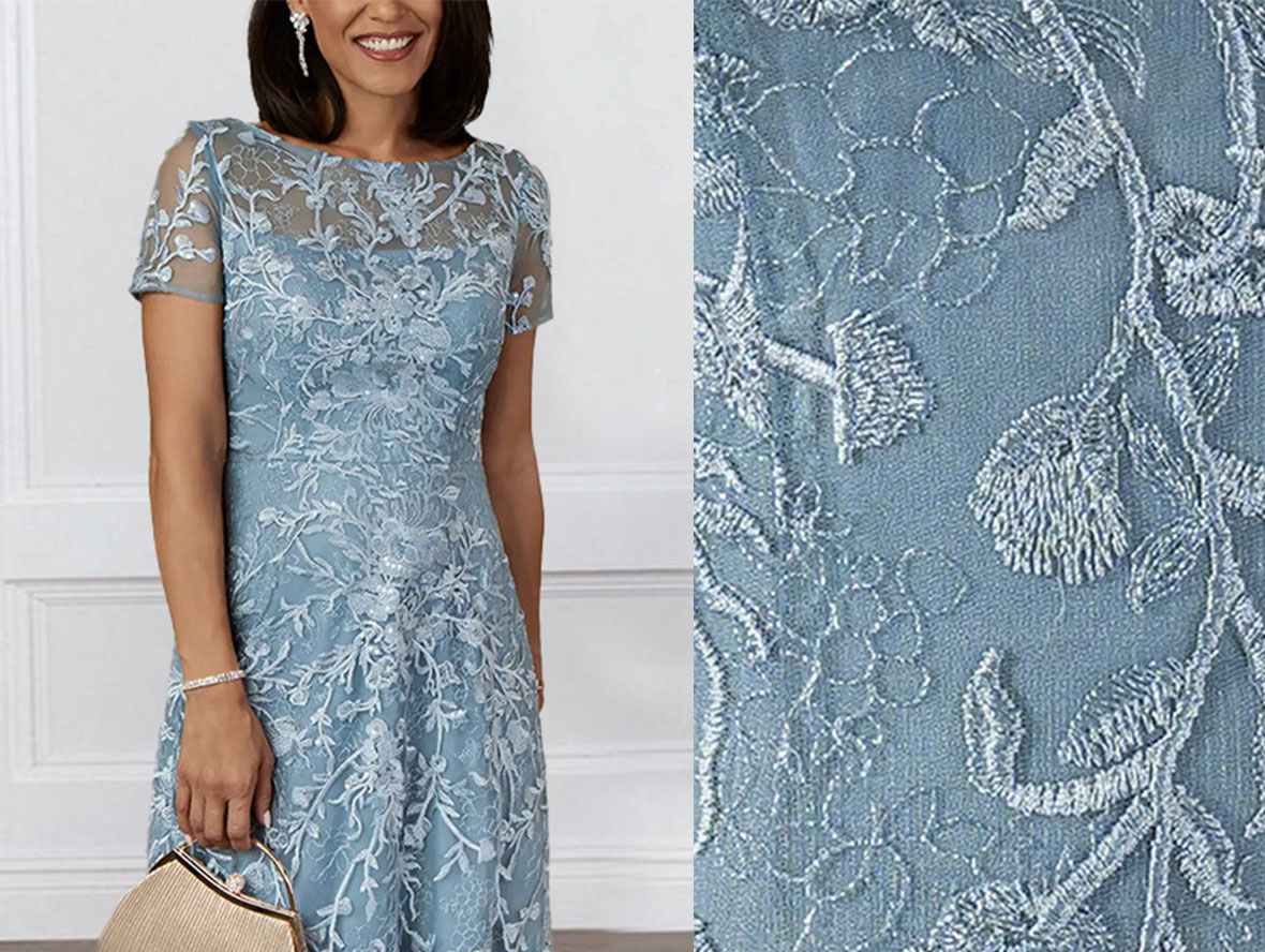 Boat Neck Floral Lace Floor Length Mother of the Bride Dress with Short Sleeves